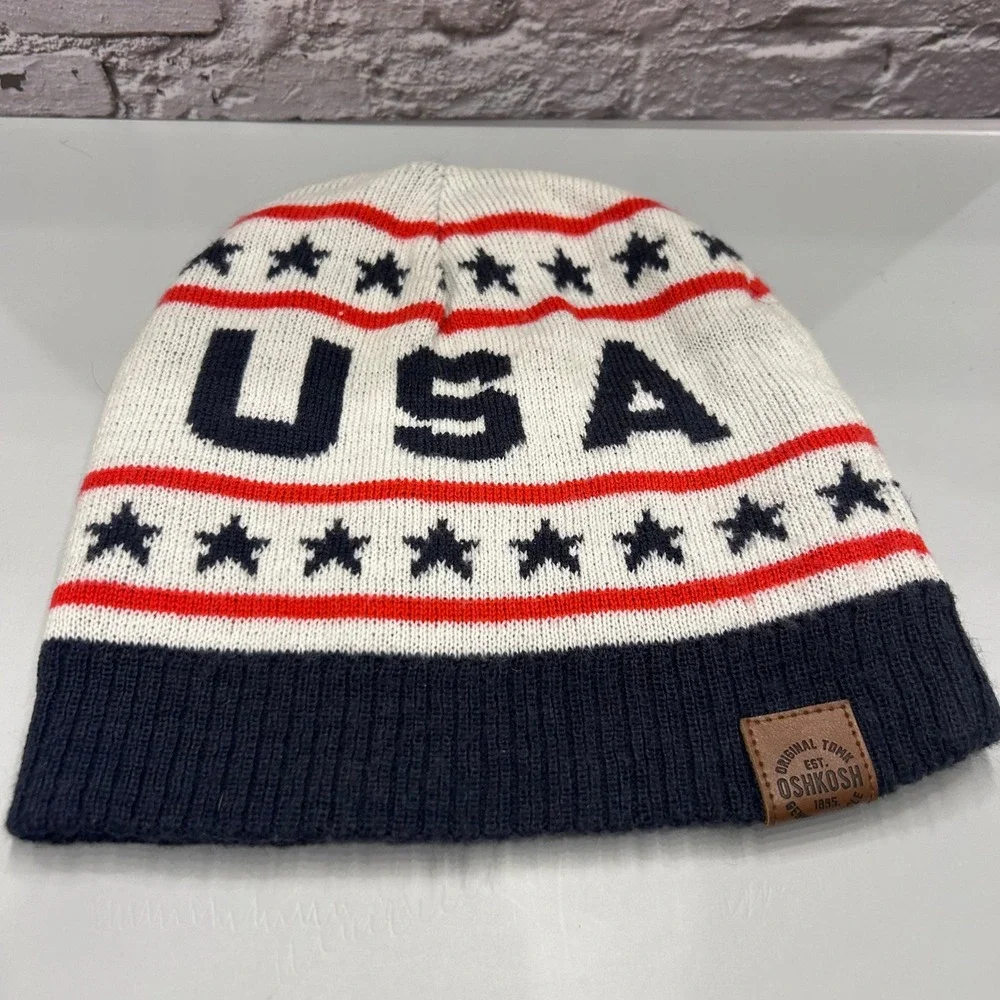 OshKosh B'gosh Beanie Hat Kids Size 4-7 White Navy‎ USA Stars Patriotic Knit